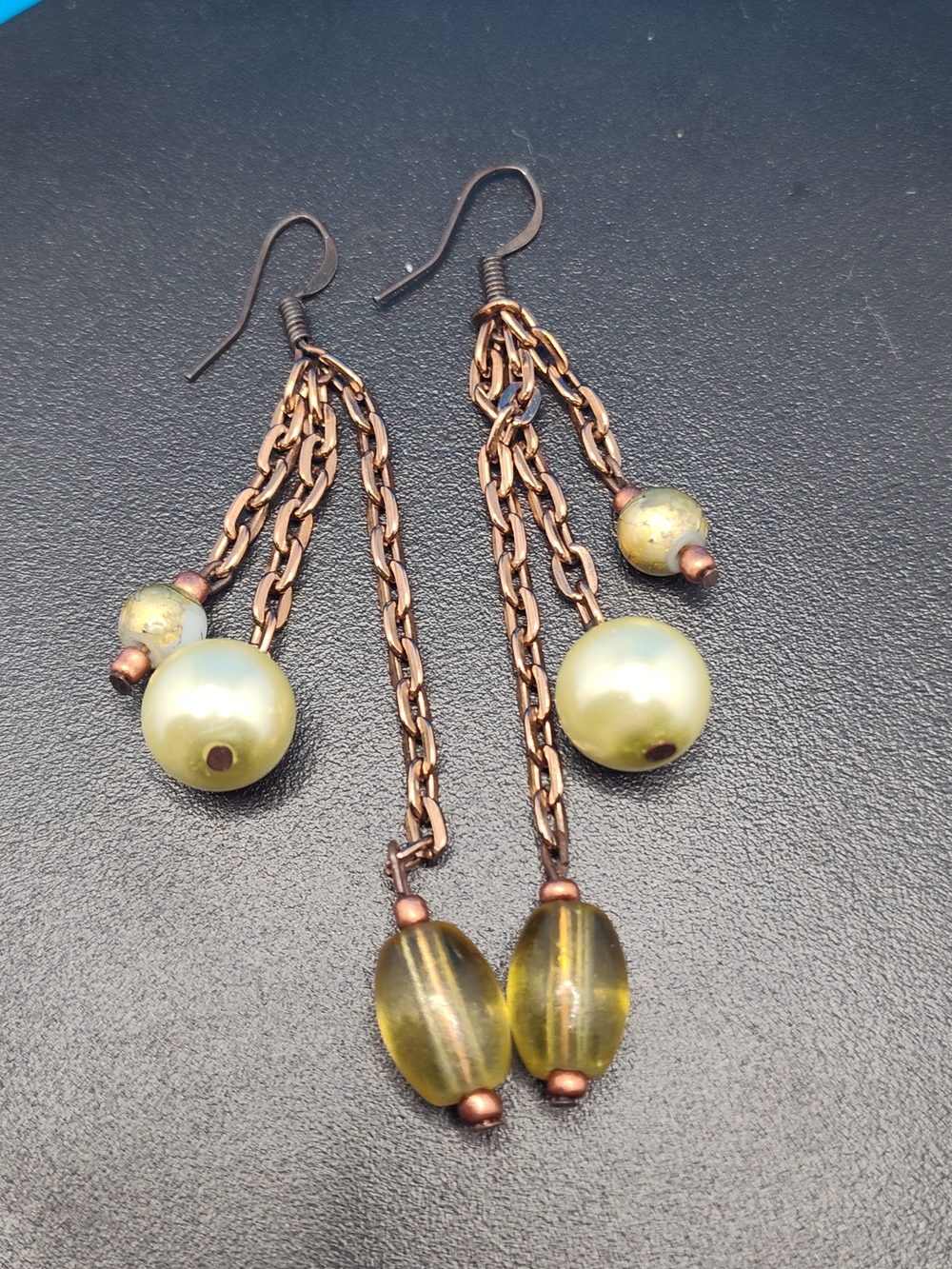 Long Dangle Earrings with Olive Green Beads and Copper Chains